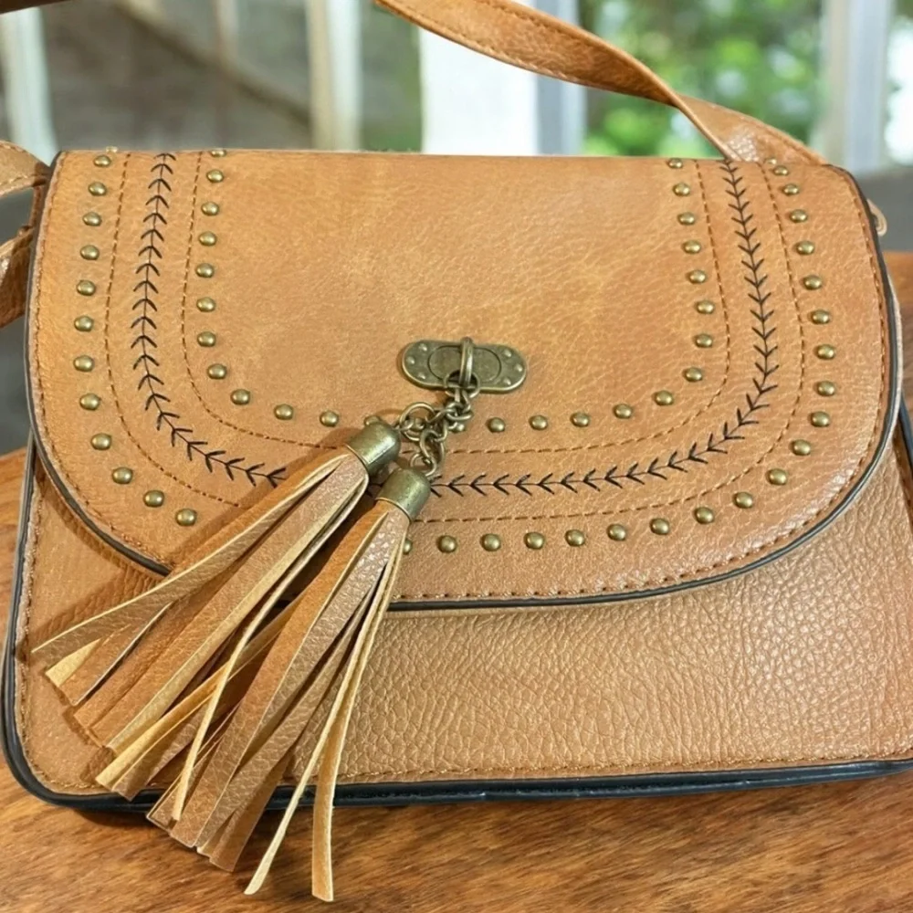 NWT Revive Vintage Vegan Cognac Studded Tassel Crossbody Bag Boho Western